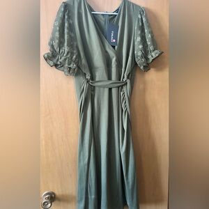 Trendyol Olive Midi Dress with Puff Sleeves